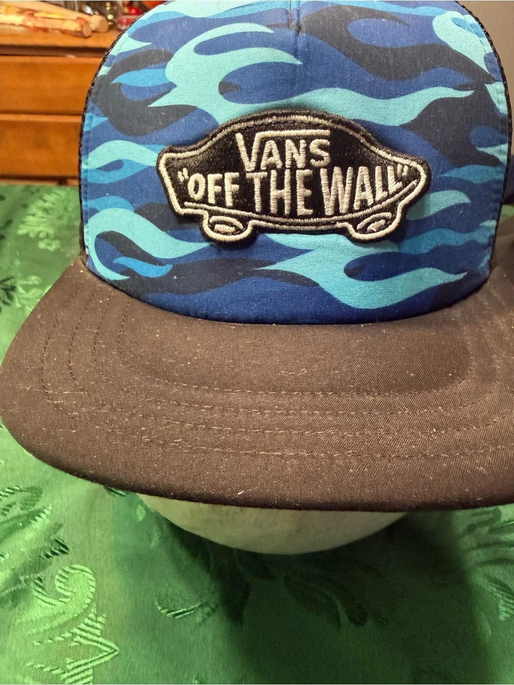 Vans Blue Flame Pattern Snapback Hat with Black Brim skater hat surfer hat.